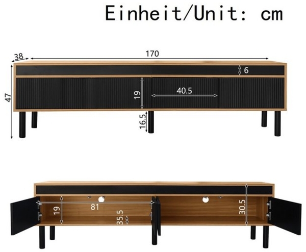 REDOM Lowboard mit 3 kontrastierenden Türen (Fernsehtisch, Wohnzimmermöbel, 1 St, mit Massivholzbeinen, robuster Spanplatte), mit Push-to-Open Türen Bild 4