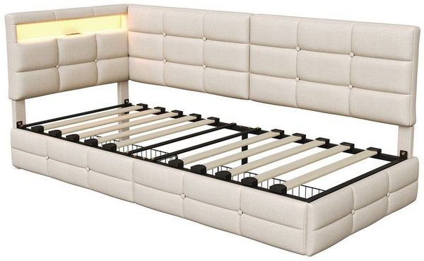 Gdood Polsterbett Doppelbett Daybett Tagesbett LED (Mit Steckdose & USB & TYPE-C, Hydraulisch hebbarer Stauraum, Geeignet für Jungen und Mädchen), Schlafsofa, Mit LED-Beleuchtung, Ladefunktion, Leinen, 90x200 cm