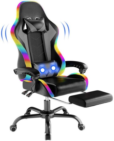 HOMALL Gaming-Stuhl mit LED,Ergonomisch,Fußstütze,computerstuhl,gaming stuhl mit massage (Die LED-Beleuchtung ist einstellbar, das Massagekissen für den Rücken ist beweglich), Ergonomischer Bürostuhl,Kopfstütze und Lendenstütze