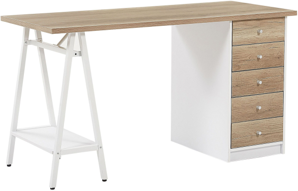 Schreibtisch heller Holzfarbton / weiß 140x60 cm 5 Schubladen HEBER