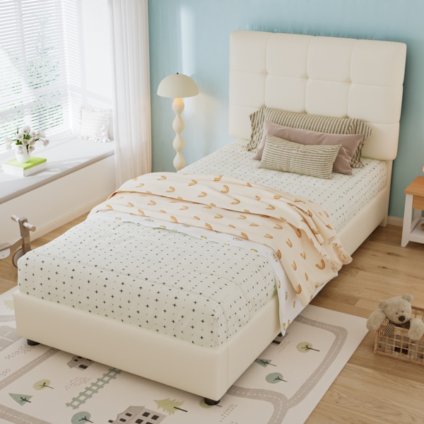 Merax Polsterbett, 90 x 200cm Einzelbett, Kinderbett, Weiche Kopfteil-Rückenlehne und Antikollisions-Schwammkante, Keksförmiges Kopfteil, Beige