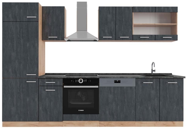 Küchenzeile R-Line Schwarz Beton/Goldkraft Eiche 300 cm AP Anthrazit Vicco