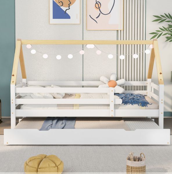 Bett 90x200 cm mit Ausziehbett im Haus-Design – weiß/natur, massives Kiefernholz