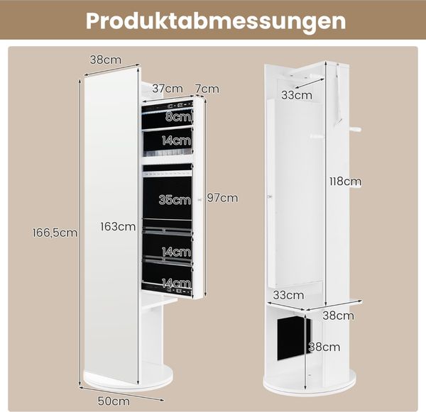 360° Drehbarer Schmuckschrank mit Spiegel & LED-Leuchten Freistehender Spiegelschrank