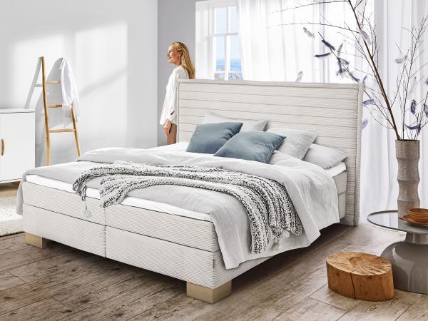 Boxspringbett SANSIBAR LANGEOOG, Osterende, Cordstoff Comino, Eichenholzfüße, ivory, 180x200, H2/H4