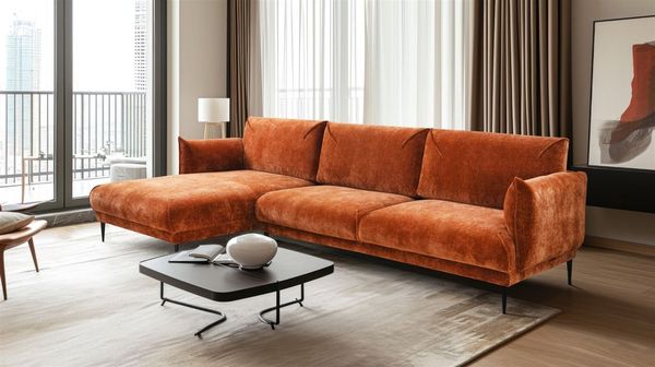 Ecksofa Designersofa MADISON XL in Stoff Dress Me Kupfer Ottomane Links