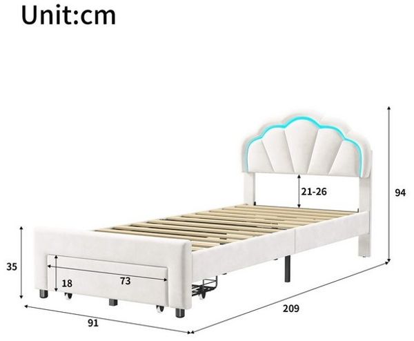 Gdood Polsterbett Kinderbett Stauraumbett Kopfteil mit LED (Muschelform, Doppelbett Gästebett Einzelbett), Mit LED Beleuchtung, Schublade und Lattenrost, Samt, 90 x 200 cm Bild 4