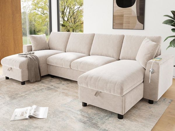 Flieks Ecksofa Couch U-Form Schlafsofa mit Ladefunktion, Schlaffunktion und Stauraum, 284×135×84 cm, Armlehne mit Staufach, USB-&Type-C-Anschluss, Bettfunktion, Bettkasten & 2 Zierkissen, Federkern, Sofa aus Chenille