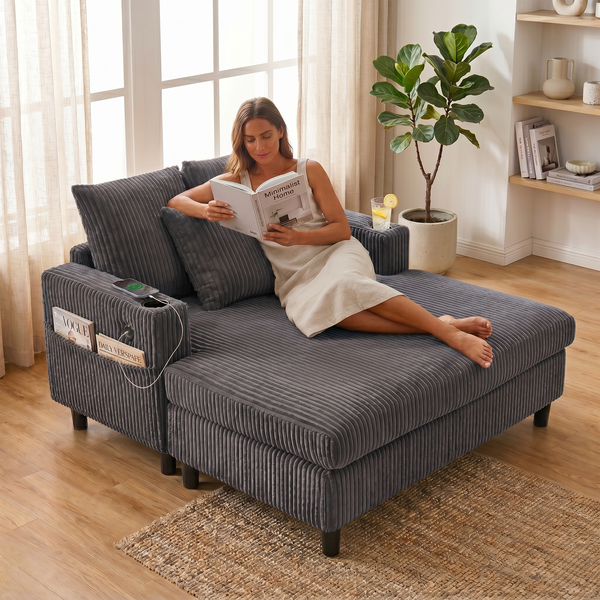 LVHOM Schlafsofa mit LED & USB, Cordstoff Palmensessel, Loungesofa mit Seitentaschen & Getränkehalter, 350kg Tragkraft, 128x85x142 cm, Dunkelgrau