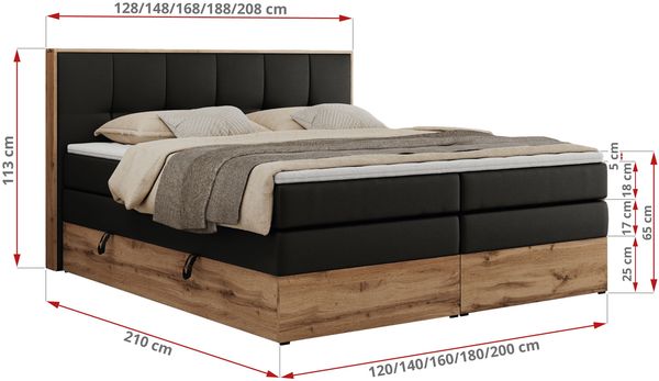 Boxspringbett, Doppelbett mit zwei 7 Härtezonen Multipocket-Matratzen, Bettkästen, Eiche Wotan Holzrahmen, Polsterbett mit Topper-Matratze - ALBERO 1 KING - 180 x 200 cm - Schwarz Kunstleder - H4 Bild 6