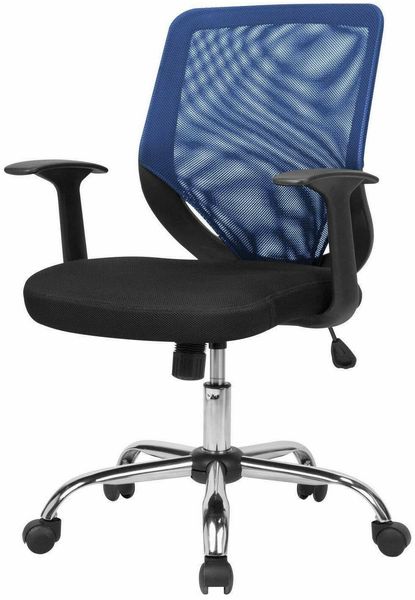 Dmora - Stuhl mit Rädern Albany, Executive-Netzsessel mit Armlehnen, ergonomischer Bürositz, 60x54h90/98 cm, Schwarz und Blau