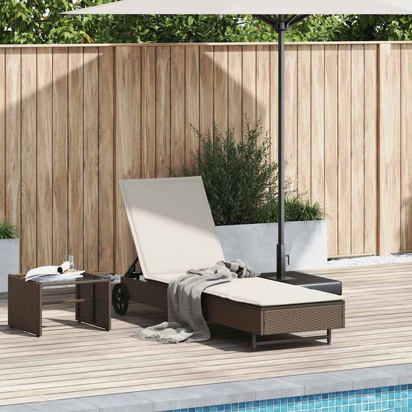 Sonnenliege, Gartenliege mit Rollen und Auflage Braun Poly Rattan