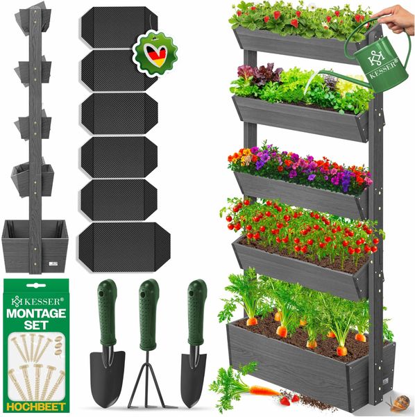 KESSER® Hochbeet mit Etagen Premium Blumenkasten Blumentreppe Pflanztreppe - Gemüsebeet Kräuterbeet Pflanzkübel Frühbeet Blumenbeet Pflanzkasten inkl. Gartenvlies- Beet für Terrasse Balkon & Garten Anthrazit, 5 Etagen