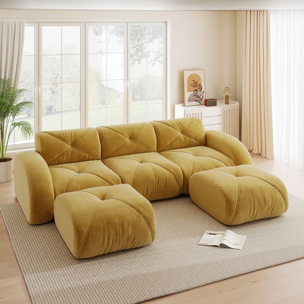 Sofa Modulsofa in Gelb aus Chenille, rahmenlos mit 2 Hockern, 32D-Schaumstoff, flexibel kombinierbar,76x281x171 cm