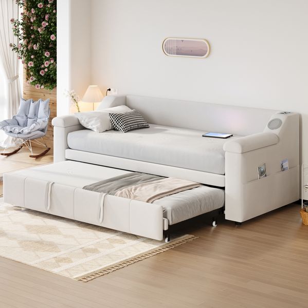 Ausziehbett 90/180x190 cm aus Samt mit Bluetooth-Stereo und Stauraum