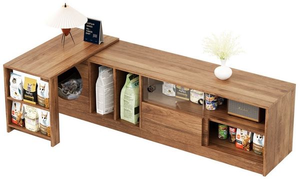 Flieks Lowboard mit drehbarer Tisch und Glas-Schiebetüren (180(80)×40×50 cm, 2 St), Fernsehschrank TV-Schrank mit Katzenruheraum Holzoptik Nussbaumfarbe