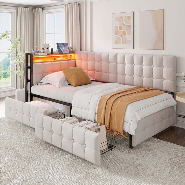 KLAM HOME Schlafsofa 90 X 200cm Gepolstertes Schlafsofa mit USB- und Typ-C-Anschluss, multifunktionales Kinder-Bootsbett, Schlafsofa Einzelbett Beige