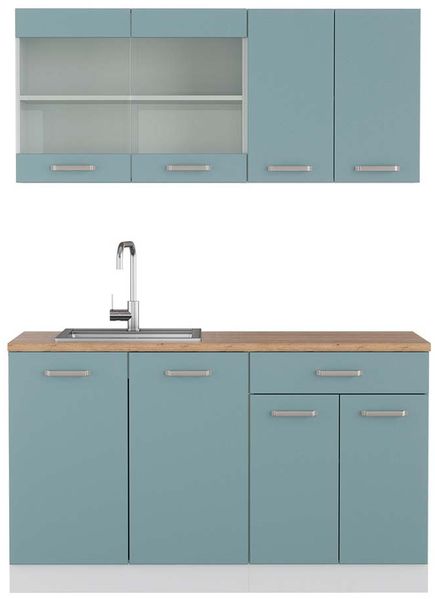 Küchenzeile R-Line Blau-Grau/Weiß 140 cm , AP Eiche Vicco