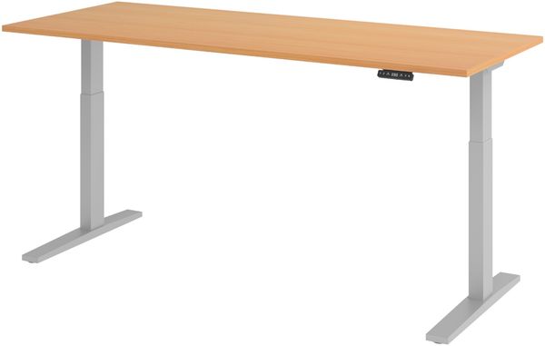 bümö elektrisch höhenverstellbarer Schreibtisch 200x80 cm in Buche, Gestell silber - Sitz & Stehschreibtisch mit Memoryfunktion, elektrischer Stehtisch & Gaming Tisch, XMKA-Serie, XMKA20-6-S