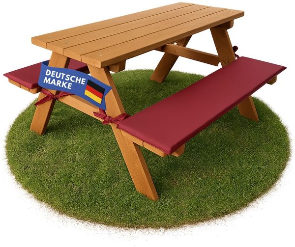 Coemo Kinder-Sitzgruppe Rotbraun Picknicktisch mit Polster Spieltisch Gartentisch Holz