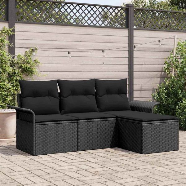 vidaXL Sofa Set mit Kissen 4 pcs Schwarz Poly-Rattan 3345313