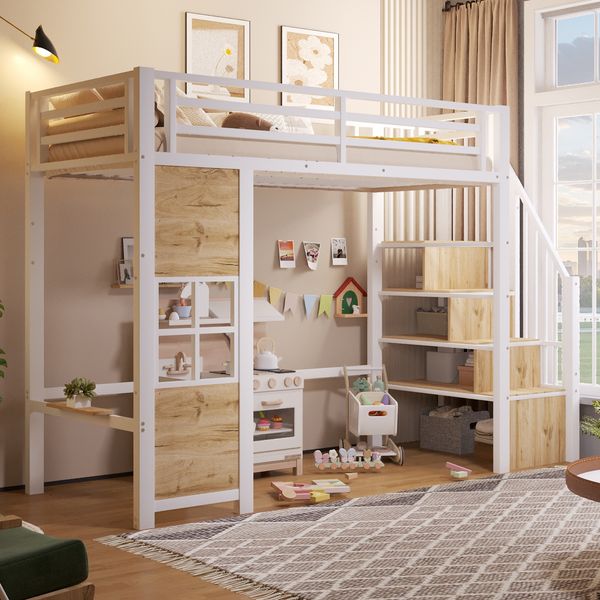 Merax Hochbett, 90x200 cm, Kinderbett Eisenrahmen, Ablageleiter, offener Stauraum unter dem Bett, Fenstergestaltung, icherheitsgeländer, ohne Matratze, Weiß