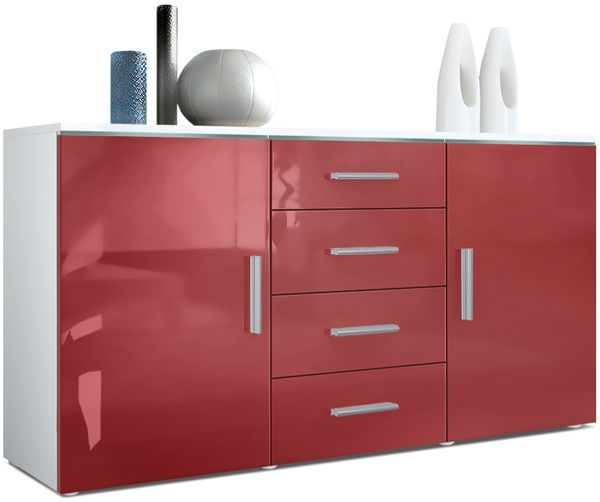 Sideboard Kommode Faro, Korpus in Weiß matt / Front in Bordeaux Hochglanz (139 x 72 x 35)