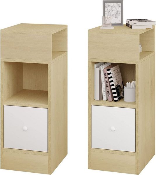 EUGAD 2er Set Nachttische schmal mit 2 offenen Ablagen 1 Schublade, schmaler Kleiner Nachtschrank im Schlafzimmer, 25 x 66 x 30 cm, Nachtkästchen Platzsparend, aus Holzwerkstoff, Hell Eiche, 0192ZZ-2