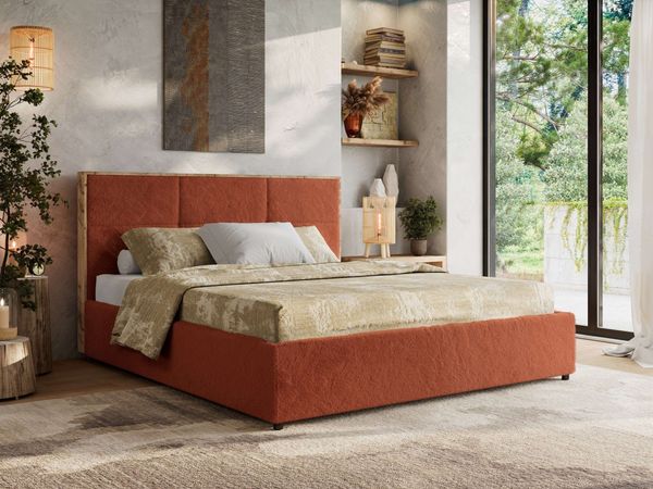 Premium Polsterbett LERIO CLASSIC 140 x 200 cm mit Stauraum, gepolstertem Kopfteil, Gasdruckfedern & Lattenrost - Modernes Design, Inkl. Lattenrost - Orange Plüsch