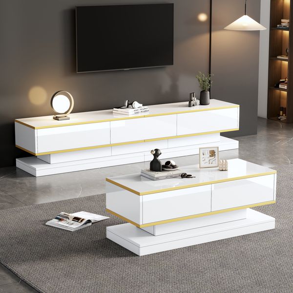 TV-Ständer- und Couchtisch-Set Hochglanz TV-Konsole mit 3 Schubladen Couchtisch mit 2 Schubladen Goldbesatz Wohnzimmer MDF Weiß + Gold Maße variabel