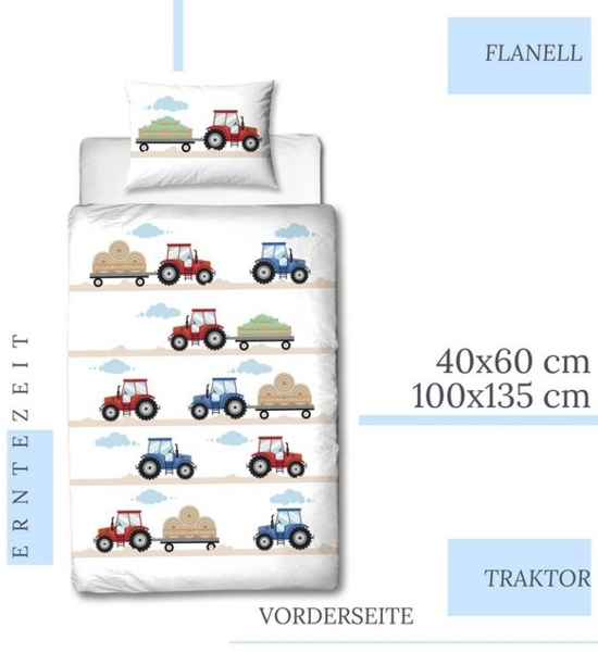 MTOnlinehandel Babybettwäsche Traktor 100x135 + 40x60 cm, 100 % Baumwolle, Biber, 2 teilig, soft und kuschelweich für Babys und Kleinkinder Bild 4
