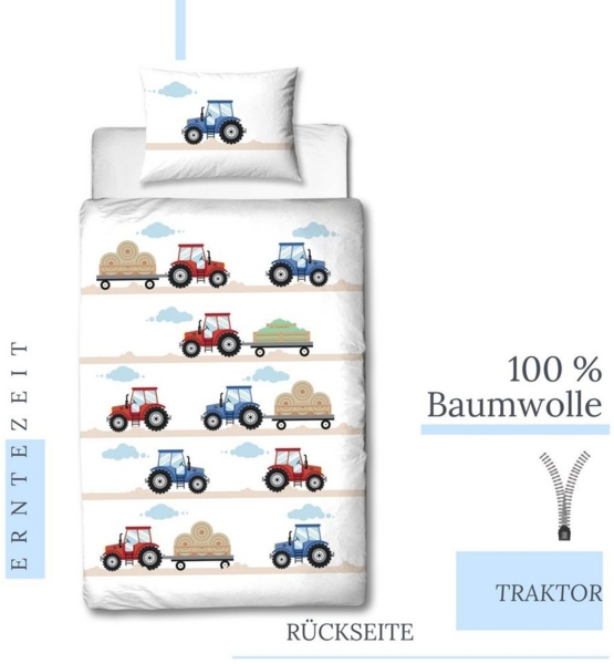 MTOnlinehandel Babybettwäsche Traktor 100x135 + 40x60 cm, 100 % Baumwolle, Biber, 2 teilig, soft und kuschelweich für Babys und Kleinkinder Bild 3