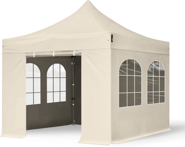 3x3 m Faltpavillon, PREMIUM Stahl 40mm, Seitenteile mit Sprossenfenstern, creme