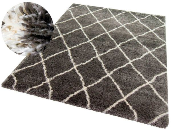 Carpetia Hochflor-Teppich Shaggy Teppich Flokati Hochflor Rauten grau creme, rechteckig, Höhe: 45 mm