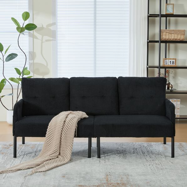 3-Sitzer-Sofa aus Cord mit Seitentasche, 171 x 72 x 80 cm, Schwarz