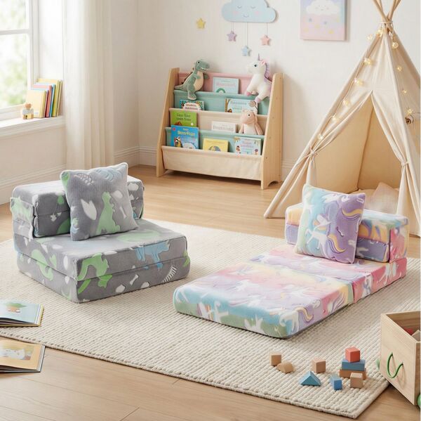 COSTWAY Kindersofa, 3-in-1 Klappsofa-Bett mit abnehmbaren Bezügen, Kissen