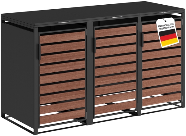 STEELSØN 'Kestra' Mülltonnenbox für 3 Tonnen je 240 Liter, graphitschwarz mit Nußbaum-Holzoptik, Mülltonnenverkleidung aus Stahl, wetterfest, 116x80x203 cm