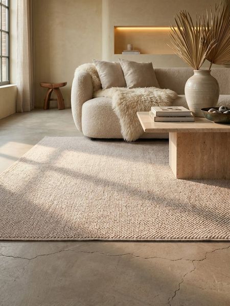 KADIMA DESIGN Teppich LANGAU Flachgewebe Kurzflor Berber Uni Meliert Wohnzimmer Pflegeleicht, Rund, Höhe: 7 mm, Beige, 80x80 cm, Wohnzimmerteppich Strapazierfähig Waschbar