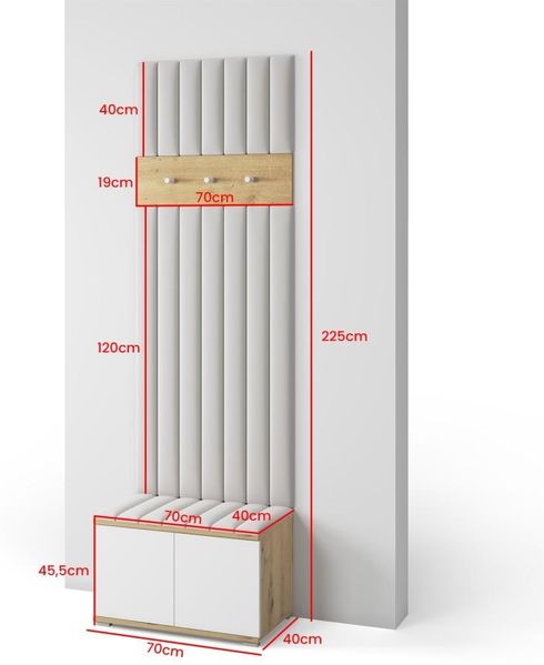 Garderoben-Set Aura version 12 mit Schuhregal und Polsterplatten, Ideal für Flur und Eingangsbereich (Weiß / Eiche Artisan, Trinity 19), 225 x 40 x 70 cm Bild 2