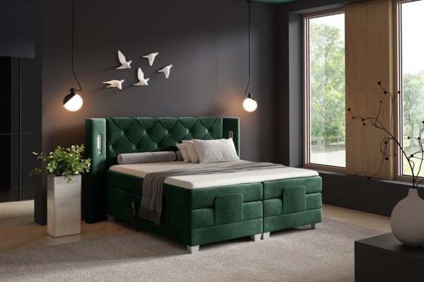 Boxspringbett Elektrisch Bett STEVE 180x200cm in Stoff Fresh Flaschengrün