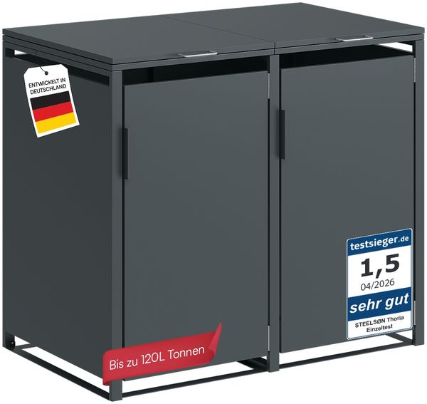 STEELSØN 'Thoria' Mülltonnenbox 2er je 120 Liter, anthrazit, Mülltonnenverkleidung aus Stahl, wetterfest, 102x62x117 cm, Müllbox für 2 Tonnen