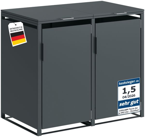 STEELSØN 'Thoria' Mülltonnenbox 2er je 120 Liter, anthrazit, Mülltonnenverkleidung aus Stahl, wetterfest, 102x62x117 cm, Müllbox für 2 Tonnen