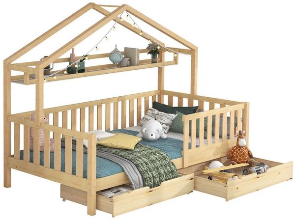 SOFTWEARY Kinderbett Hausbett mit Lattenrost und Schubladen (90x200 cm), Holzbett aus Kiefer, Einzelbett inkl. Rausfallschutz