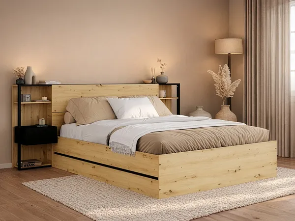 Vente-unique - LUDARO Bett Holz, Platte SchwarzBeige - B 246 cm x H 102,6 cm x L 255,1 cm
