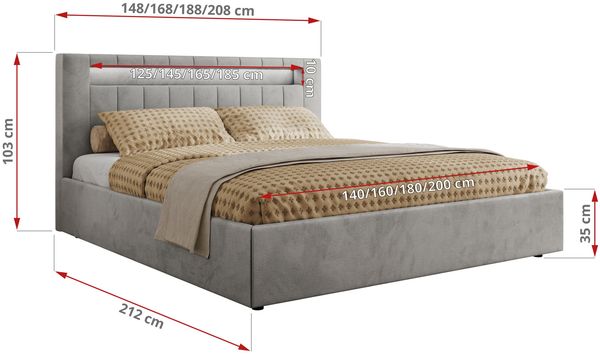 Polsterbett GOLD 5 CLASSIC 140 x 200 cm mit LED-Beleuchtung & Bettkasten, Doppelbett inkl. Lattenrost, Metall-Lift-System & Stauraum, Foam Matratze - Hellgrau Velvet - MIRO LUX Bild 4
