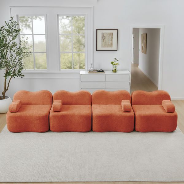 Modulares Ecksofa 70cm×384cm×98cm aus Samt in Orange – rahmenloses Wohnzimmersofa mit tiefer Sitzfläche