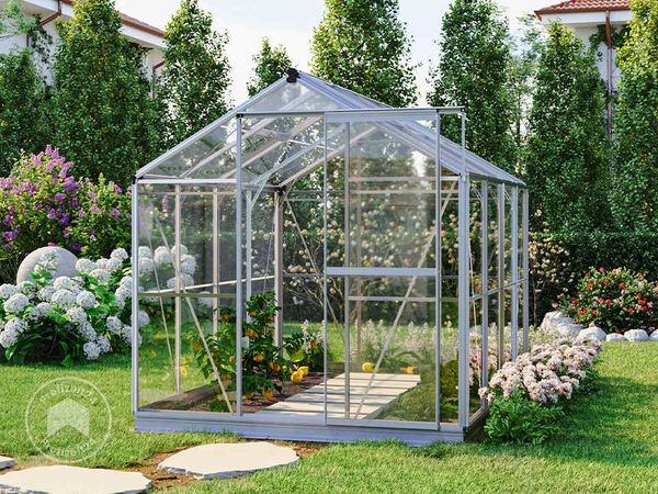 GFP Gewächshaus Opal 4 Glasgewächshaus 192x259 cm | Aluminium-Rahmen, 4 mm Sicherheitsglas | mit Fundamentrahmen und autom. Fensteröffner