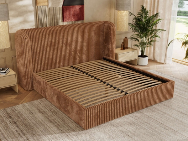 Polsterbett Bett mit Holzlattenrost Schlafzimmer Bett Doppelbett gepolstertes Kopfteil Pocket Matratze - EMORA CLASSIC - 180x200 cm - Orange Cord - VIRE LUX Bild 3