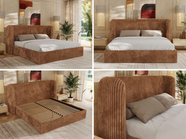 Polsterbett Bett mit Holzlattenrost Schlafzimmer Bett Doppelbett gepolstertes Kopfteil Pocket Matratze - EMORA CLASSIC - 180x200 cm - Orange Cord - VIRE LUX Bild 2