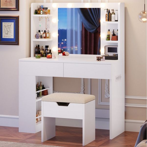HOMALL Schminktisch Mit dreifarbiger LED-Beleuchtung, Helligkeit einstellbar (Länge × Breite × Höhe) 90 × 40 × 137 cm, mit Steckdose und 2 USB-Anschlüssen, seitliche Schränke links und rechts austauschbar, 8 offene Ablagefächer, 2 Schubladen, 4 Schmuck...